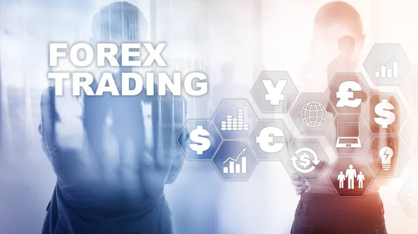 Forex handel valuta utbyte affärer finans diagram dollar euro ikoner på suddig bakgrund. — Stockfoto