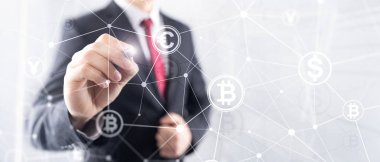 Çift Pozlama kavramı, Bitcoin ve blockchain. Dijital Ekonomi ve ticaret para