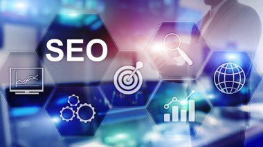 SEO - Bulanık arkaplanda arama motoru optimizasyonu, dijital pazarlama ve internet teknolojisi kavramı