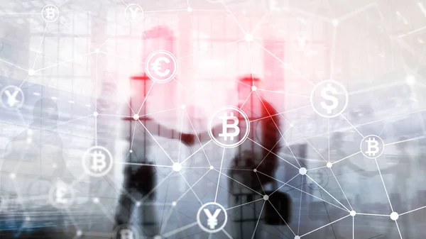 Dvojitá expozice bitcoinu a blockchainových koncept. Digitální ekonomika a Měna obchodování — Stock fotografie