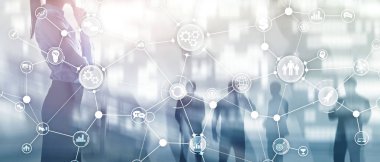 Sanal ekran karışık medya üzerinde iş süreci yapısı endüstriyel iş akışı diyagramı otomasyon yenilik kavramı.