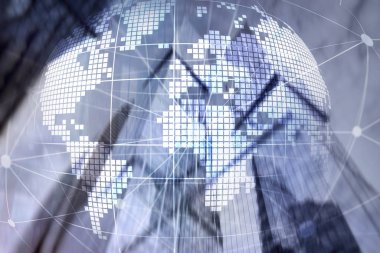 3D Dünya hologram üzerinde arka plan bulanık. Küresel iş ve iletişim kavramı