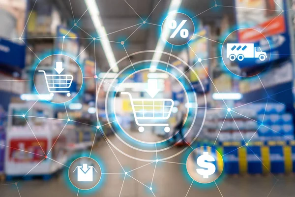 Bevásárlókocsi, e-kereskedelem Marketing csatorna disztribúció koncepciót a szupermarket háttér — Stock Fotó