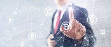 Çift Pozlama kavramı, Bitcoin ve blockchain. Dijital Ekonomi ve ticaret para.