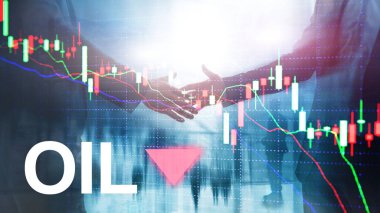 Petrol trendi düştü. Mum grafik Petrol varil ve soyut iş arka plan üzerinde bir mali grafik. Fiyat petrol aşağı. Namlu ok aşağı