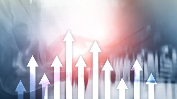 Up arrow graph on skyscraper background. Invesment and financial growth concept — Stock Photo, Image