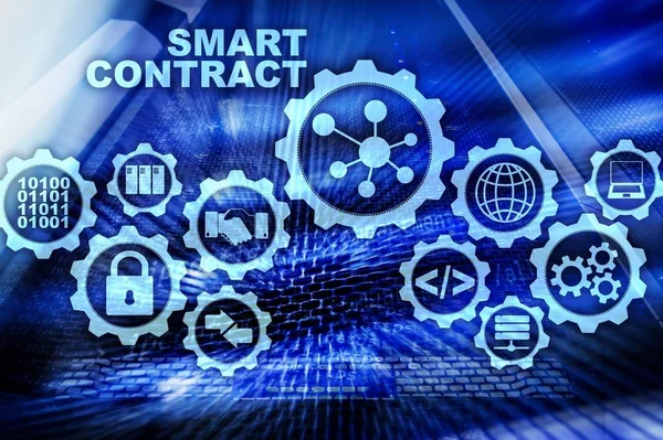 Smart Contract on modern server room background. Business Technology.