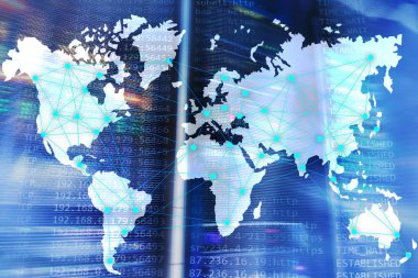 Dünya harita sunucu Oda arka plan üzerinde Internet ve telekomünikasyon konseptiyle.