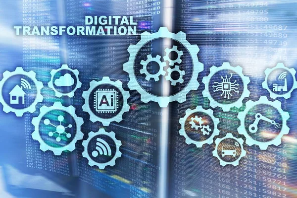 Digital Transformation Concept of digitalization of technology business processes. Datacenter fundo. — Fotografia de Stock