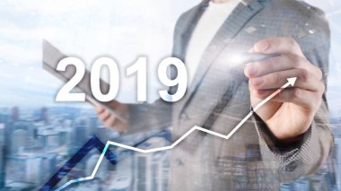 Yeni yıl 2019 mali büyüme grafik üzerinde bulanık iş geçmişi.