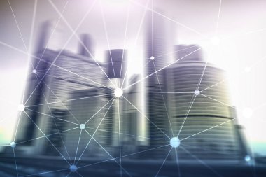 Bulanık gökdelenlerin arkaplanındaki engelleme ağı. Finansal teknoloji ve iletişim konsepti.