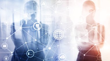 ICT - bilgi ve telekomünikasyon teknolojisi ve çok - Internet şeyler kavramları. Sunucu odası arka simgeleri ile diyagramları.