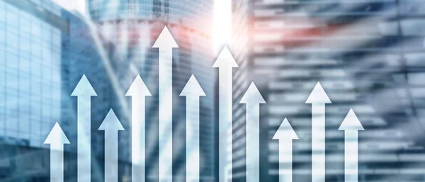 Up arrow graph on skyscraper background. Invesment and financial growth concept