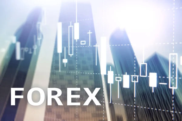 Forex διαπραγμάτευση, γράφημα οικονομικών κερί και διαγράμματα σχετικά με θολή επιχειρήσεων κέντρο φόντο. — Φωτογραφία Αρχείου