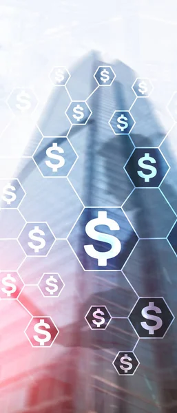 Vertikales Panorama-Banner. Dollar-Symbole, Geld-Netzwerk-Struktur. Ico, Handel und Investitionen. Crowdfunding. — Stockfoto