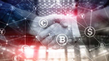 Çift Pozlama kavramı, Bitcoin ve blockchain. Dijital Ekonomi ve ticaret para.