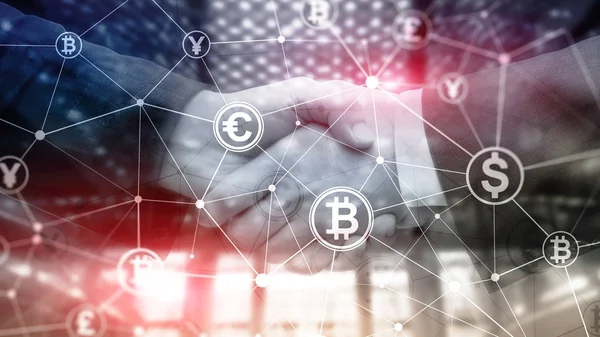 Double exposure Bitcoin and blockchain concept. Digital economy and currency trading. — Stock Photo, Image