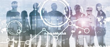 İş arabirimi karışık teknik çift pozlama mali grafik grafik diyagramı ve sanal ekran üstünde kutsal kişilerin resmi. İnovasyon kavramı.