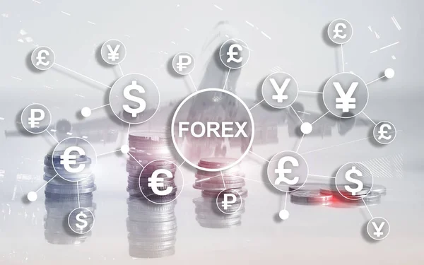 Forex trading cambio valute business finanza diagrammi dollaro euro icone su sfondo sfocato. — Foto Stock