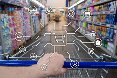 E-ticaret alışveriş otomasyon kavramı bulanık süpermarket arka plan üzerinde perakende pazarlama kanalları.