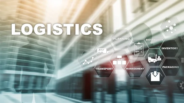 Logistic and transport concept. Businessman shows logistics diagram. Online goods orders. Goods delivery. Mixed media. — Stock Photo, Image