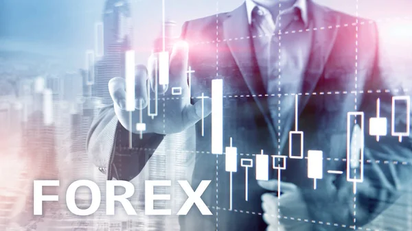 Forex trading, grafico delle candele finanziarie e grafici su sfondo sfocato del business center . — Foto Stock