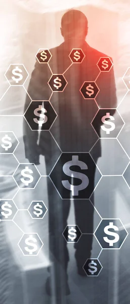 Vertikales Panorama-Banner. Dollar-Symbole, Geld-Netzwerk-Struktur. Ico, Handel und Investitionen. Crowdfunding. — Stockfoto