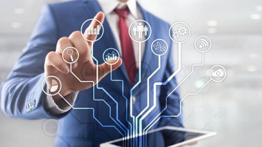 İş uygulamaları simgeleri arka plan bulanık. Finans ve ticaret. Internet teknoloji kavramı.