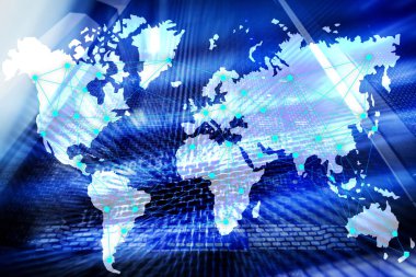 Dünya harita sunucu Oda arka plan üzerinde Internet ve telekomünikasyon konseptiyle.