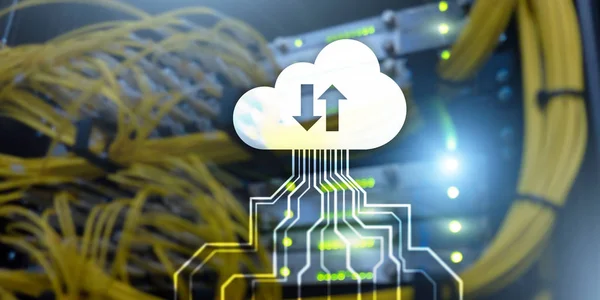Technology Banner. Cloud Networking Data Storage Internet Concept on blurred server room.