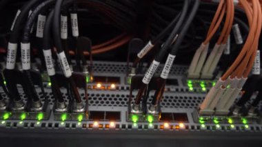 Veri merkezi sunucu odasında birçok optik patchcards. Telekomünikasyon kabloları