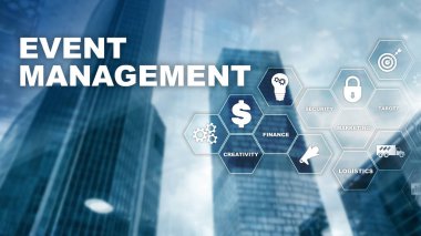  Olay Yönetimi Konsepti. Etkinlik yönetim akış şeması. Etkinlik yönetimi ile ilgili öğeler. Karışık medya işi.