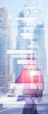 Dikey Panorama Banner. Finansal hisse senedi ticareti grafik grafik diyagramı iş finans kavramı çift pozlama karışık medya