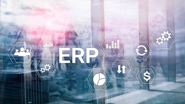 Σύστημα ERP, Enterprise Resource Planning σε θολή φόντο. Επιχειρησιακή αυτοματοποίηση και καινοτομία. — Φωτογραφία Αρχείου