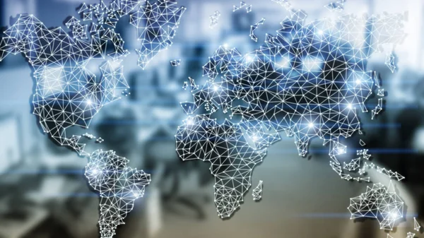 Globális World Map Double Exposure hálózat. Távközlés, a nemzetközi üzleti Internet és a technológia koncepció. — Stock Fotó
