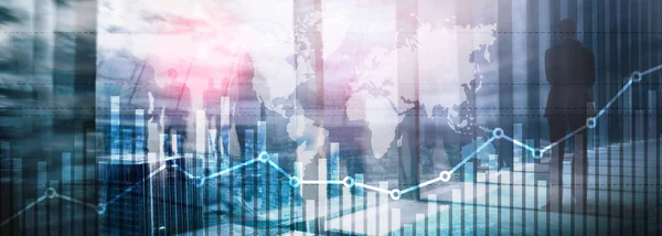 Grafico di crescita della finanza aziendale che analizza il diagramma di trading e il concetto di cambio forex doppia esposizione tecnica mista intestazione del sito web di sfondo. — Foto Stock