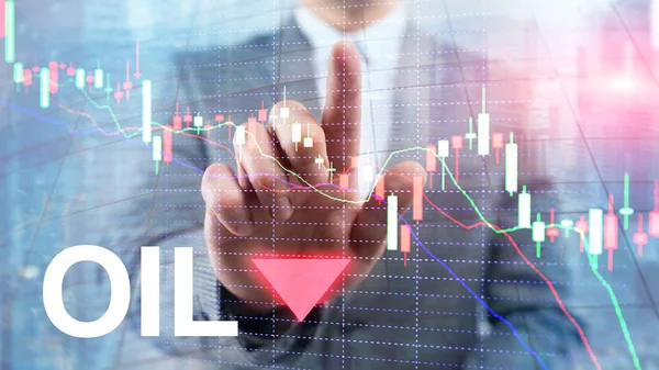 Oil trend down. Candle graph chart Oil barrels and a financial chart on abstract business background. Price oil down. Barrel arrow down