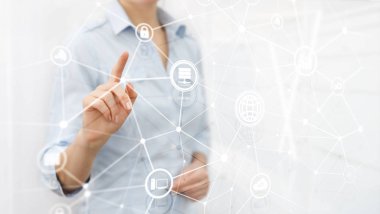 ICT - bilgi ve telekomünikasyon teknolojisi ve çok - Internet şeyler kavramları. Sunucu odası arka simgeleri ile diyagramları