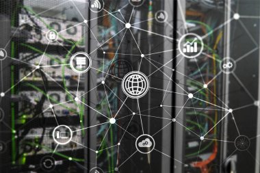 ICT - bilgi ve telekomünikasyon teknolojisi ve çok - Internet şeyler kavramları. Sunucu odası arka simgeleri ile diyagramları.