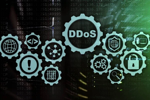 DDoSサイバー攻撃。技術、インターネットと保護ネットワークの概念。サーバーデータセンターの背景 — ストック写真
