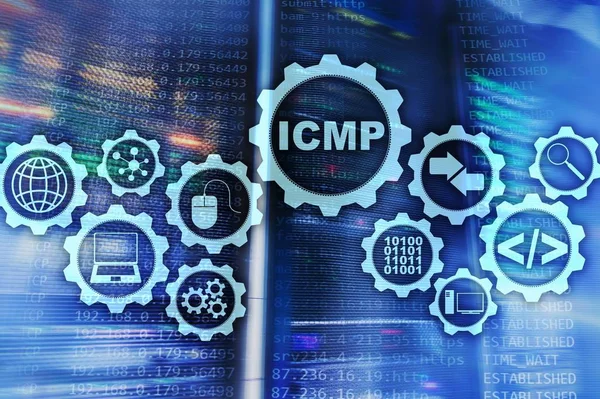 ICMP. Protocolo de mensajes de control de Internet. Concepto de red. Sala de servidores en segundo plano. —  Fotos de Stock