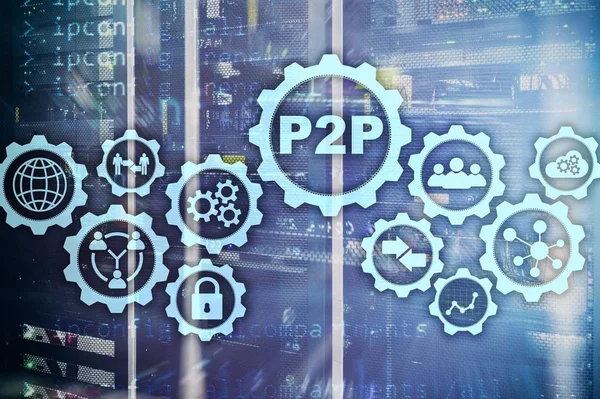 Peer to peer. P2P on the virtual screen with a server room background.