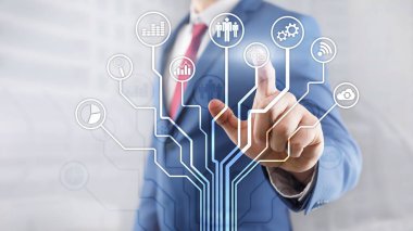 İş uygulamaları simgeleri arka plan bulanık. Finans ve ticaret. Internet teknoloji kavramı.