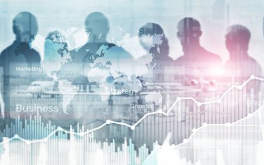 Soyut iş arka plan, sikke ve hesap makinesi çift pozlama grafik, grafik ve diyagram dünya çapında harita.