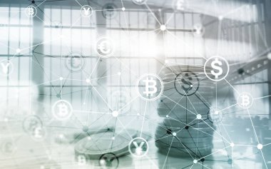 Bitcoin Euro doları Finans Web para kavramı. sanal ekran çift pozlama üzerinde oins.