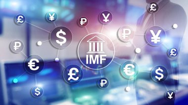 IMF International monetary fund global bank organisation. Business concept on blurred background. clipart