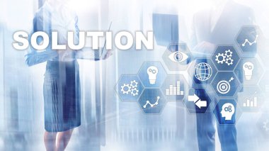 İş çözümleri, başarı ve strateji kavramı. Çözümlerle birlikte iş sürecinin sanal diyagramının yapılandırılması.