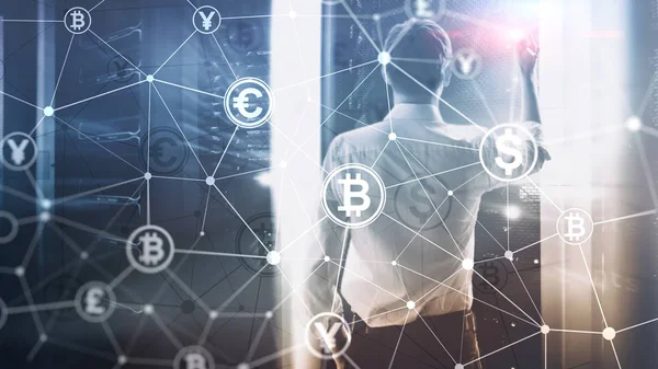 Dubbel exponering Bitcoin och blockchain koncept. Digital ekonomi och valuta trading. — Stockfoto