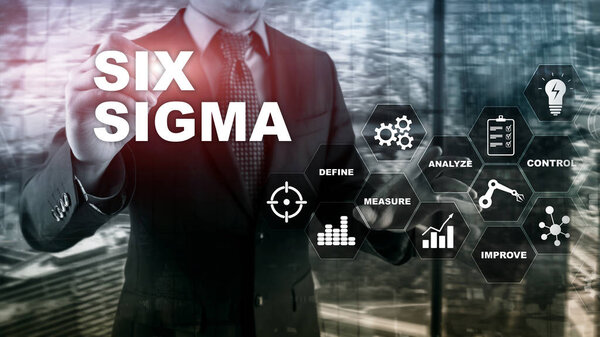 Six Sigma, manufacturing, quality control and industrial process improving concept. Business, internet and tehcnology