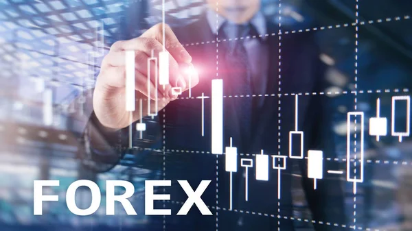 Forex handel, center finansiella ljusstake diagram och grafer på suddig business bakgrund. — Stockfoto